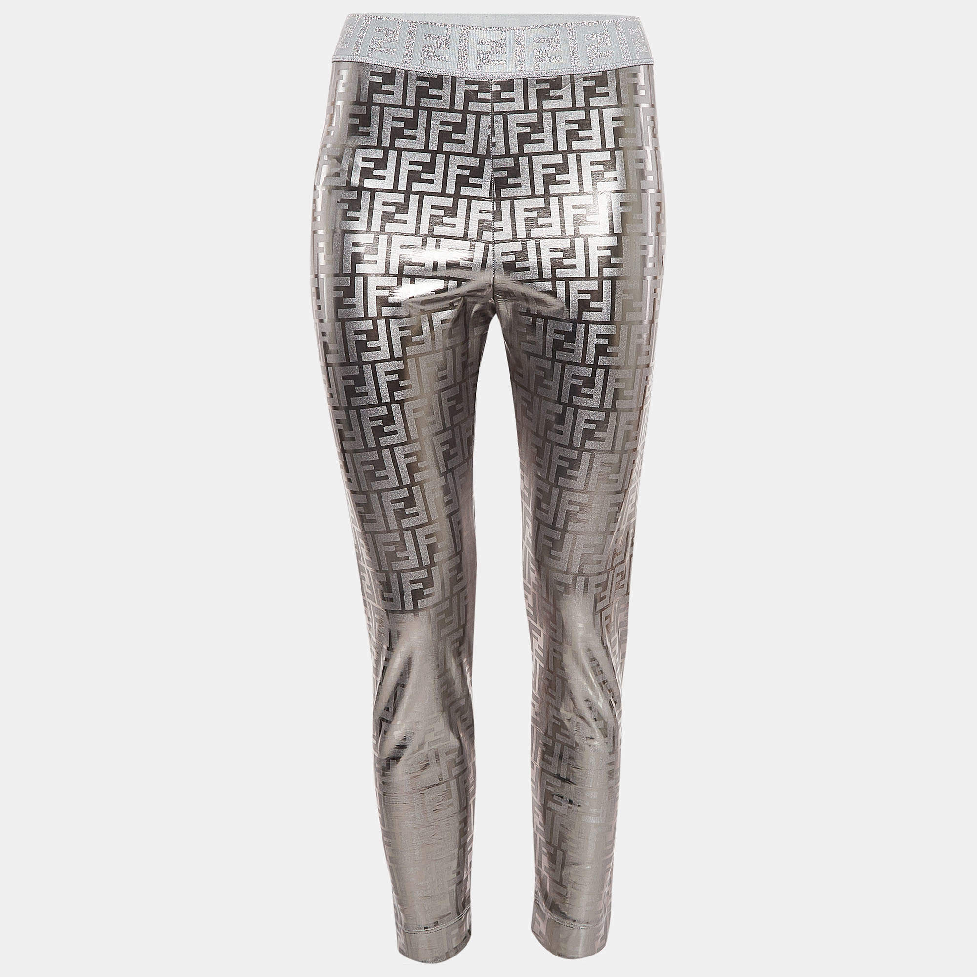 Fendi Silver Monogram Print Knit Trousers M