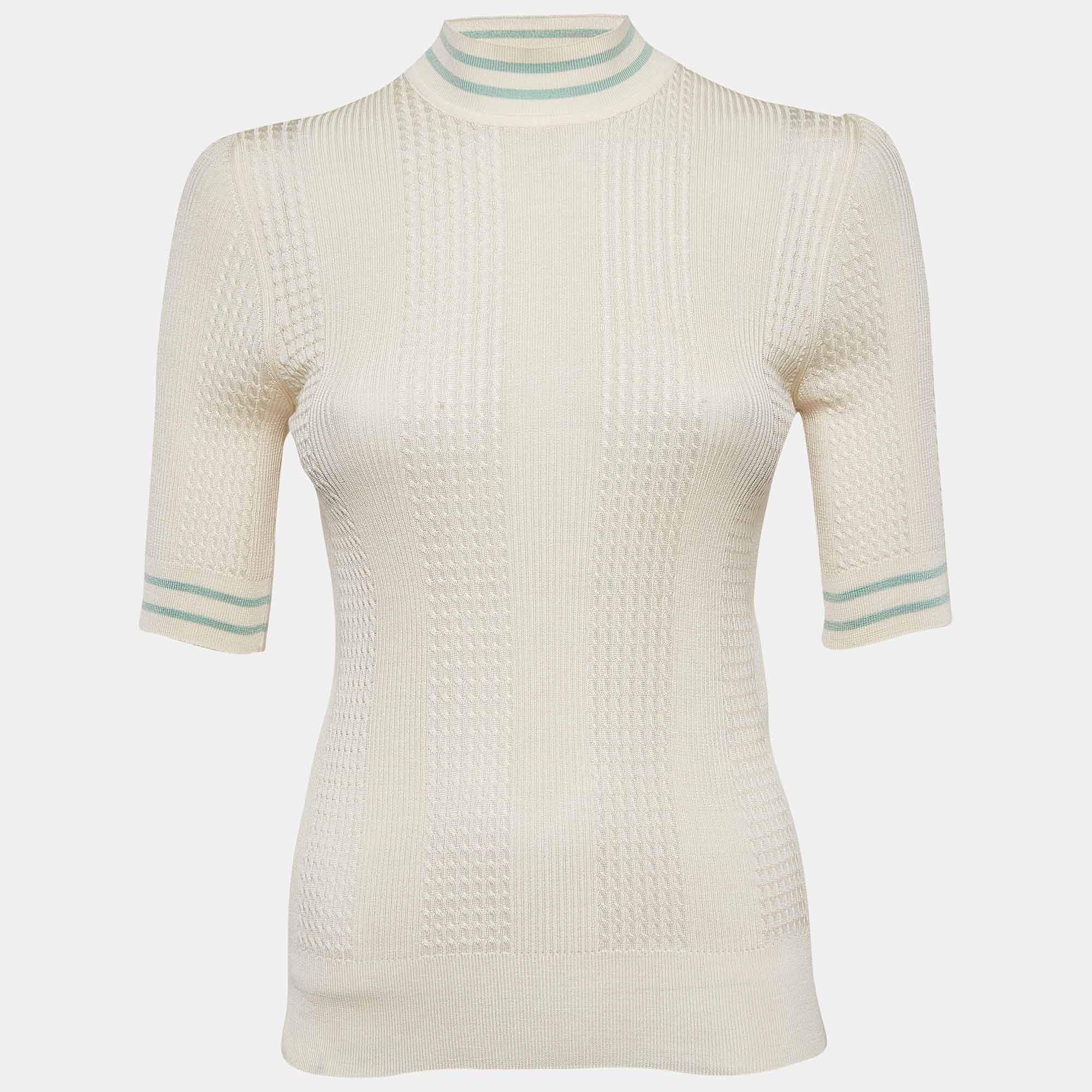 Pre Owned Fendi Milk White Cable Knit High Neck Pullover S