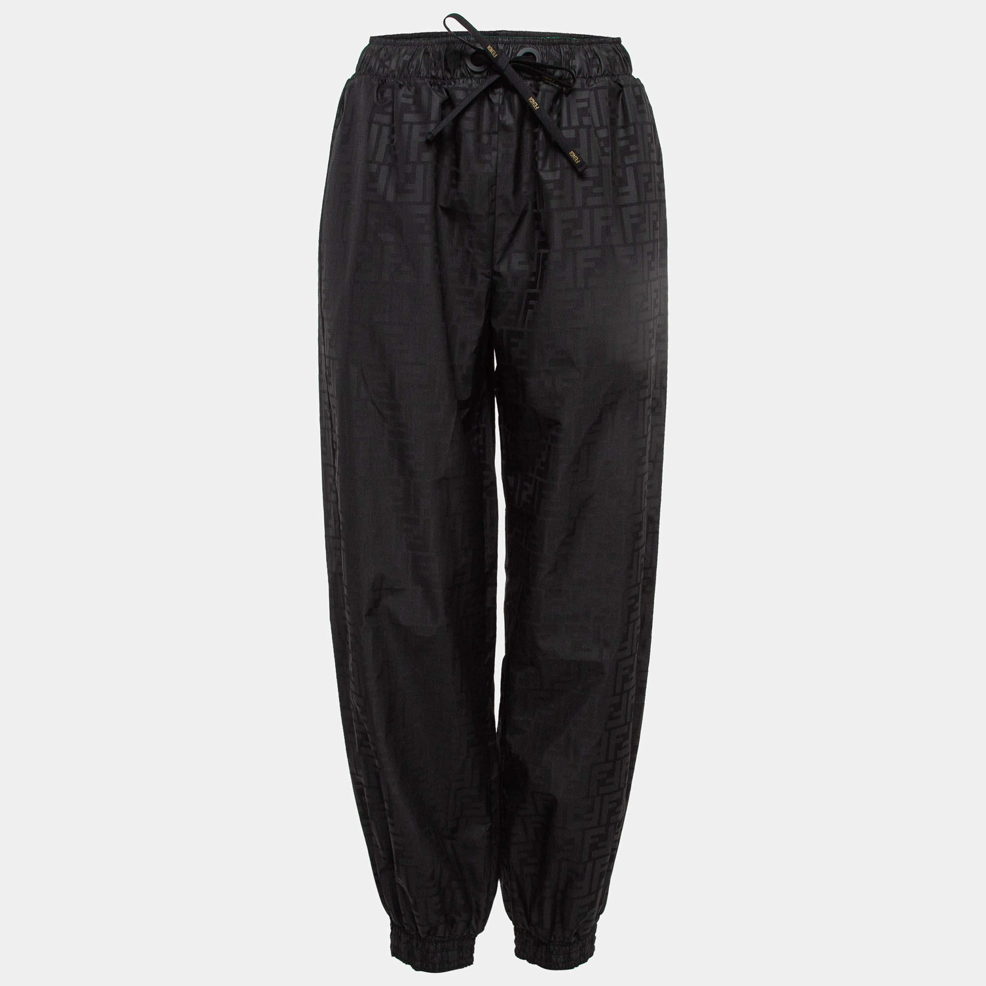 Fendi Black Monogram Printed Synthetic Elasticated Legs Trousers S