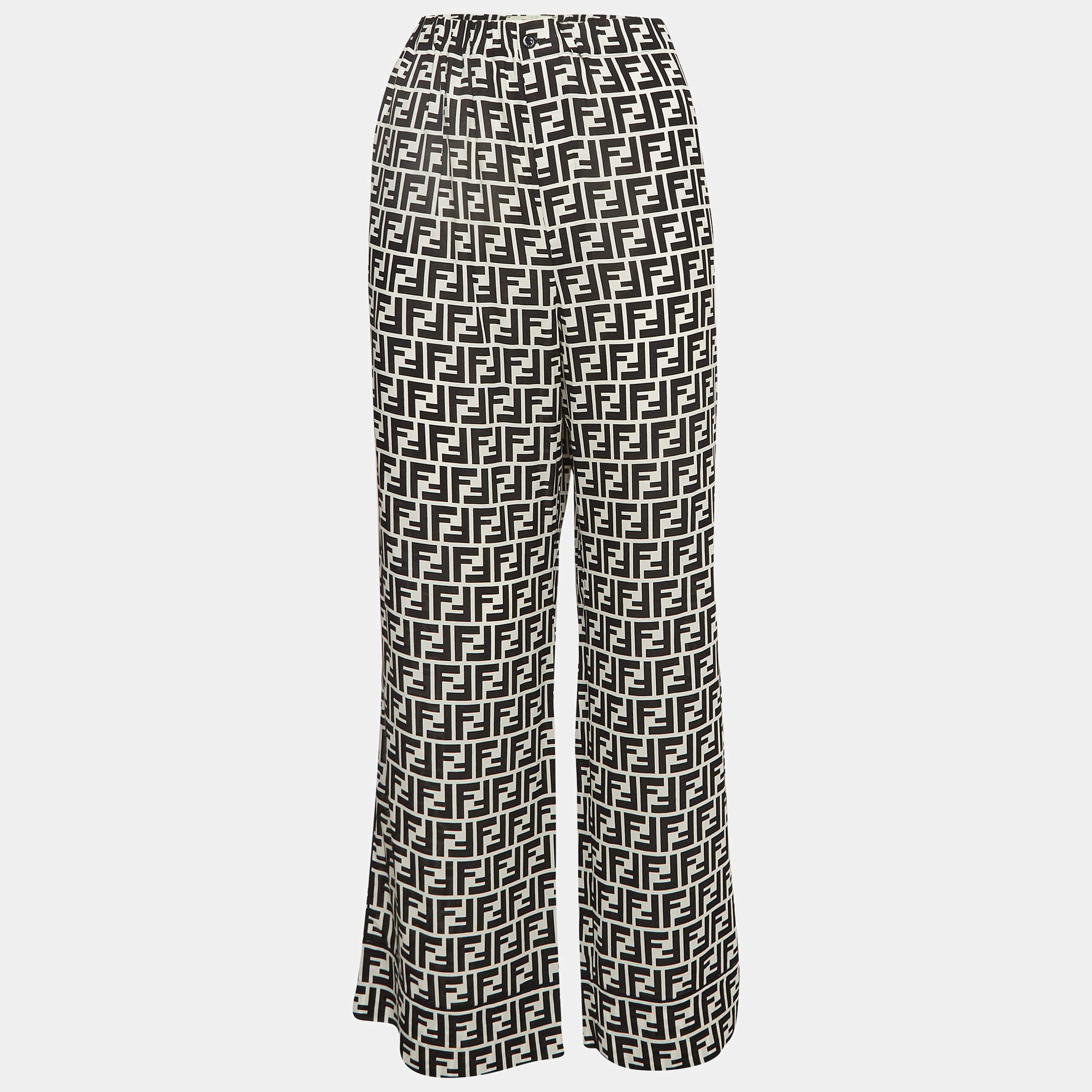 Fendi Black & White Monogram Print Silk Crepe De Chine Wide Leg Pants L