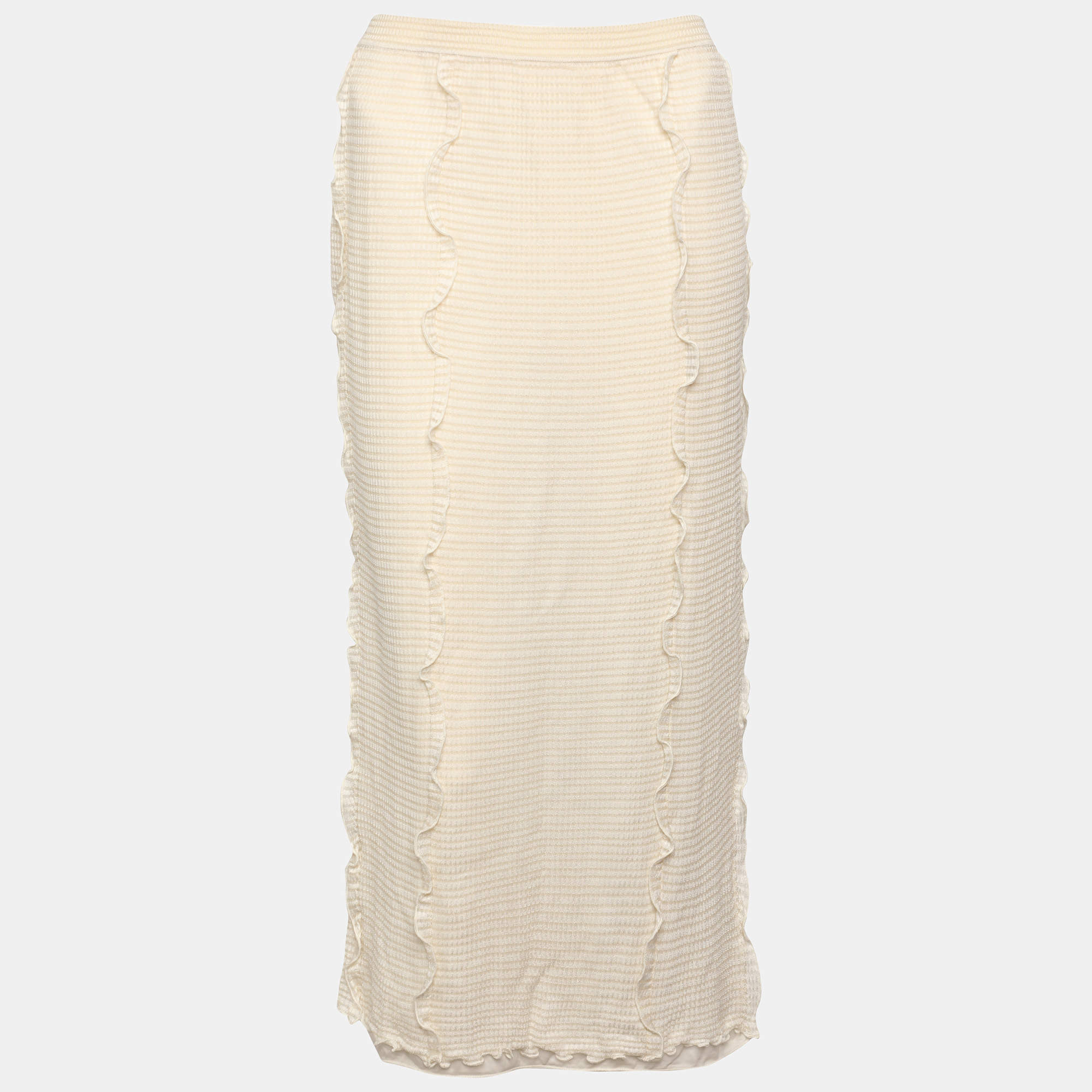 Fendi Cream Knit Ruffled Detail Midi Skirt L