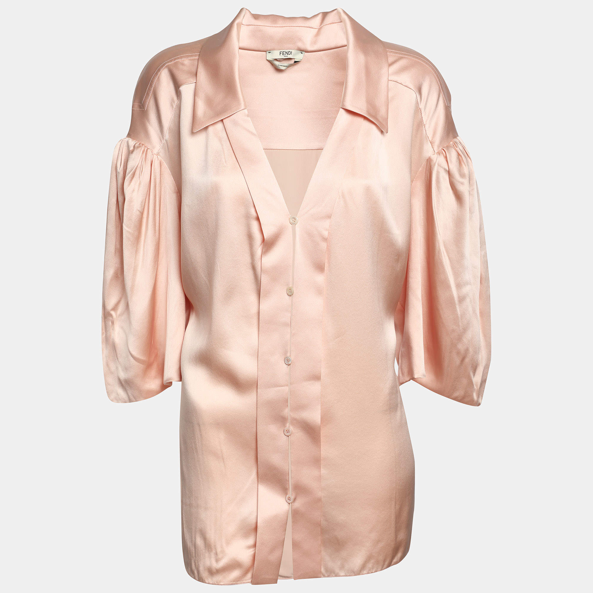 Pre Owned Fendi Beige Silk Satin Button Front Top S