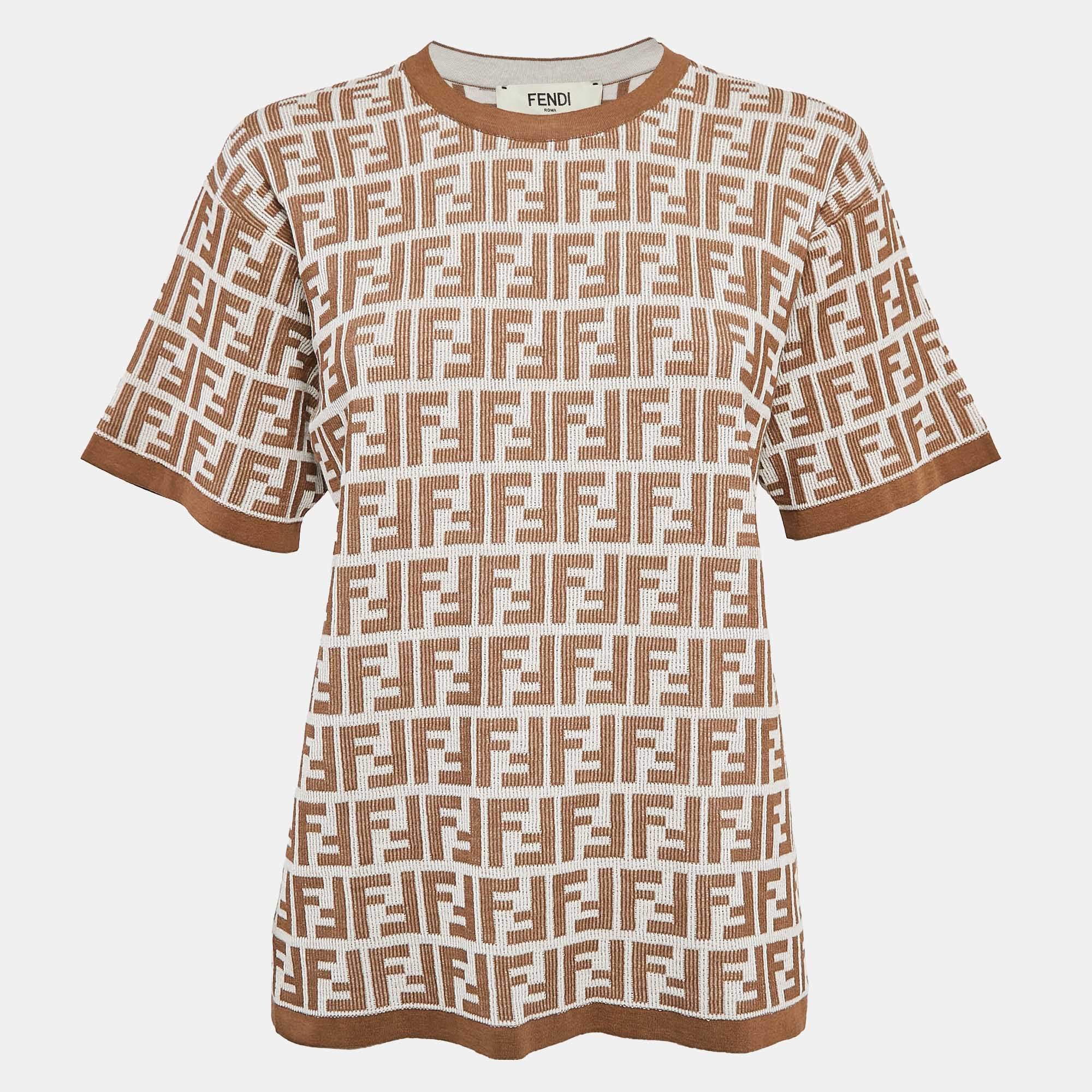 Fendi Brown and White Zucca Logo Print Rib Knit T-Shirt M