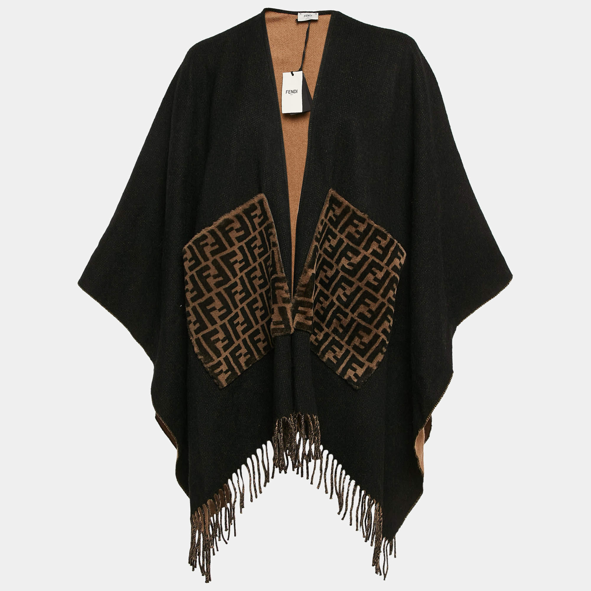 Fendi Brown Cashmere and Virgin Wool Fringed Poncho ONE SIZE