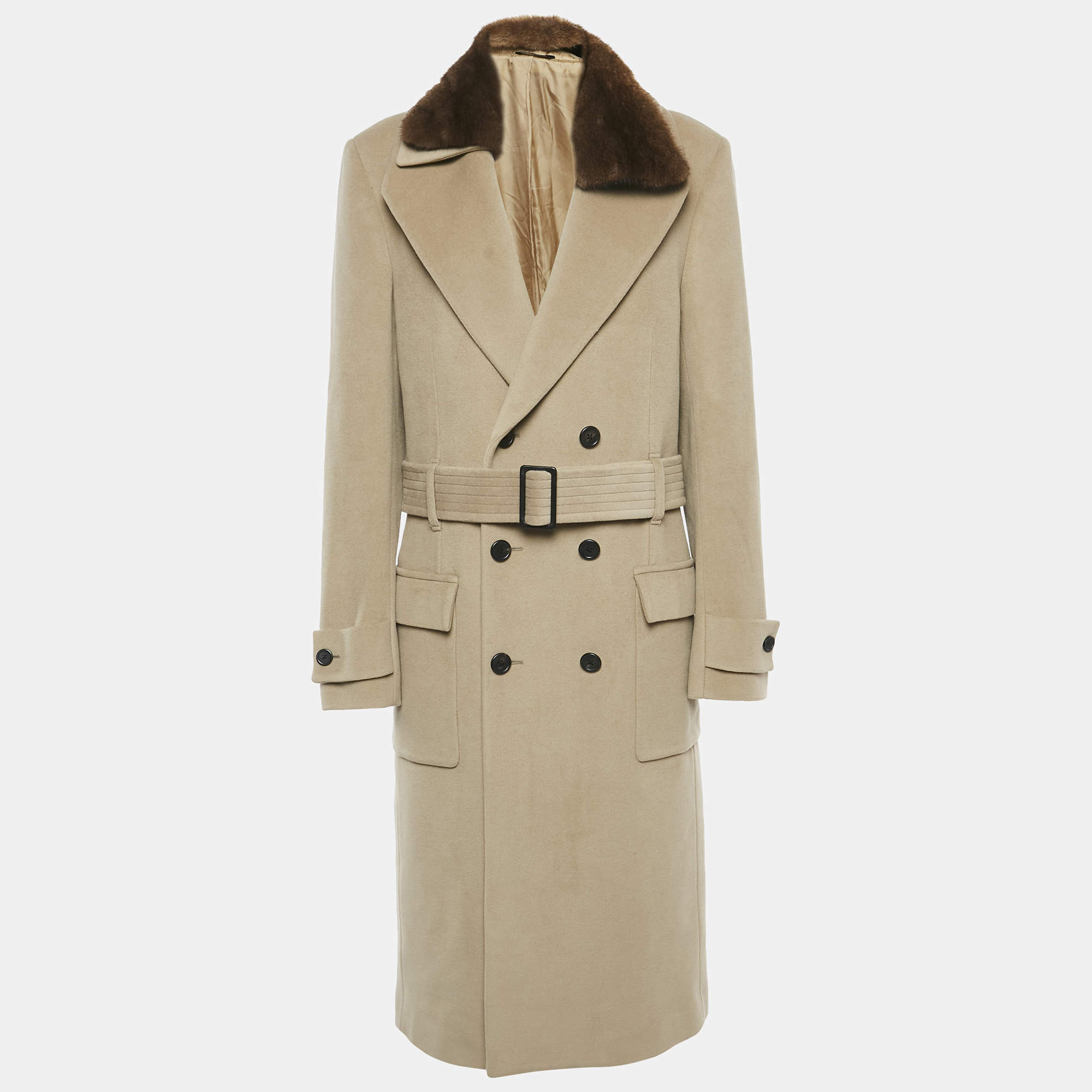 Fendi Beige Real Fur Trim Wool Double Breasted Coat XL