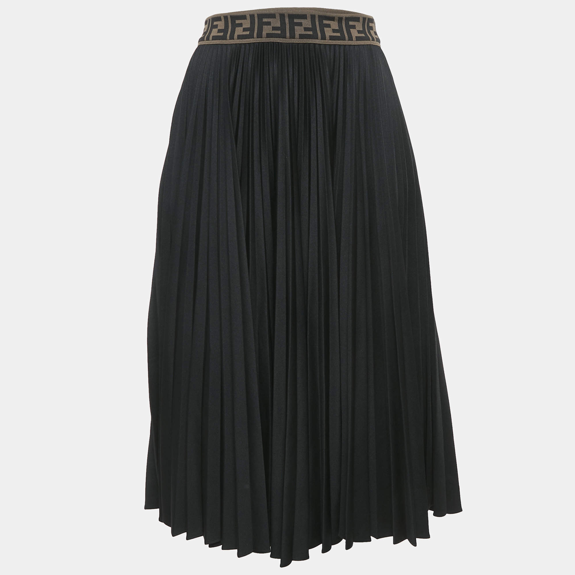 Pre Owned Fendi Black Zucca Waistband Jersey Plisse Midi Skirt S