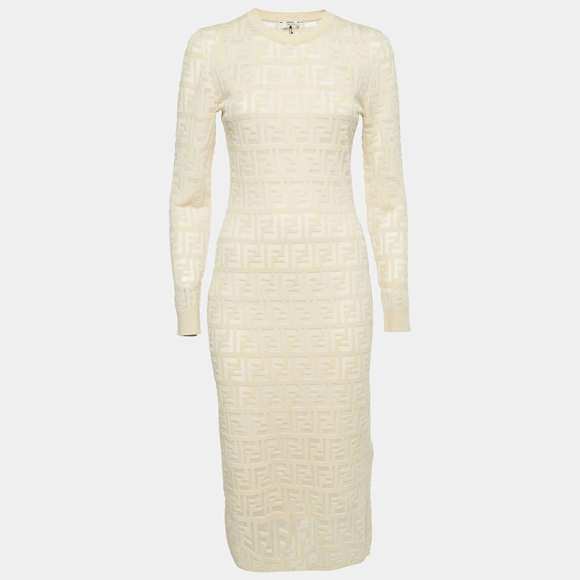 Pre Owned فستان فندي كريمي قشدي قماش الجاكار المزين بأكمام طويلة قصير مقاس صغير (سمول)