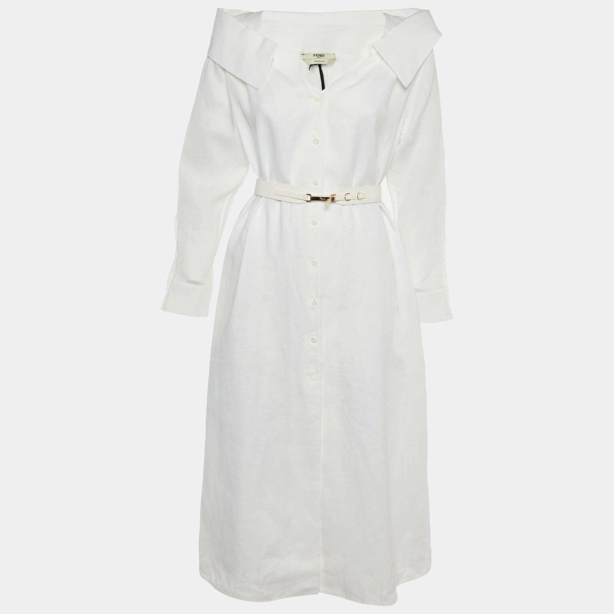 Pre Owned Fendi White Linen Belted Shirt Dress XS