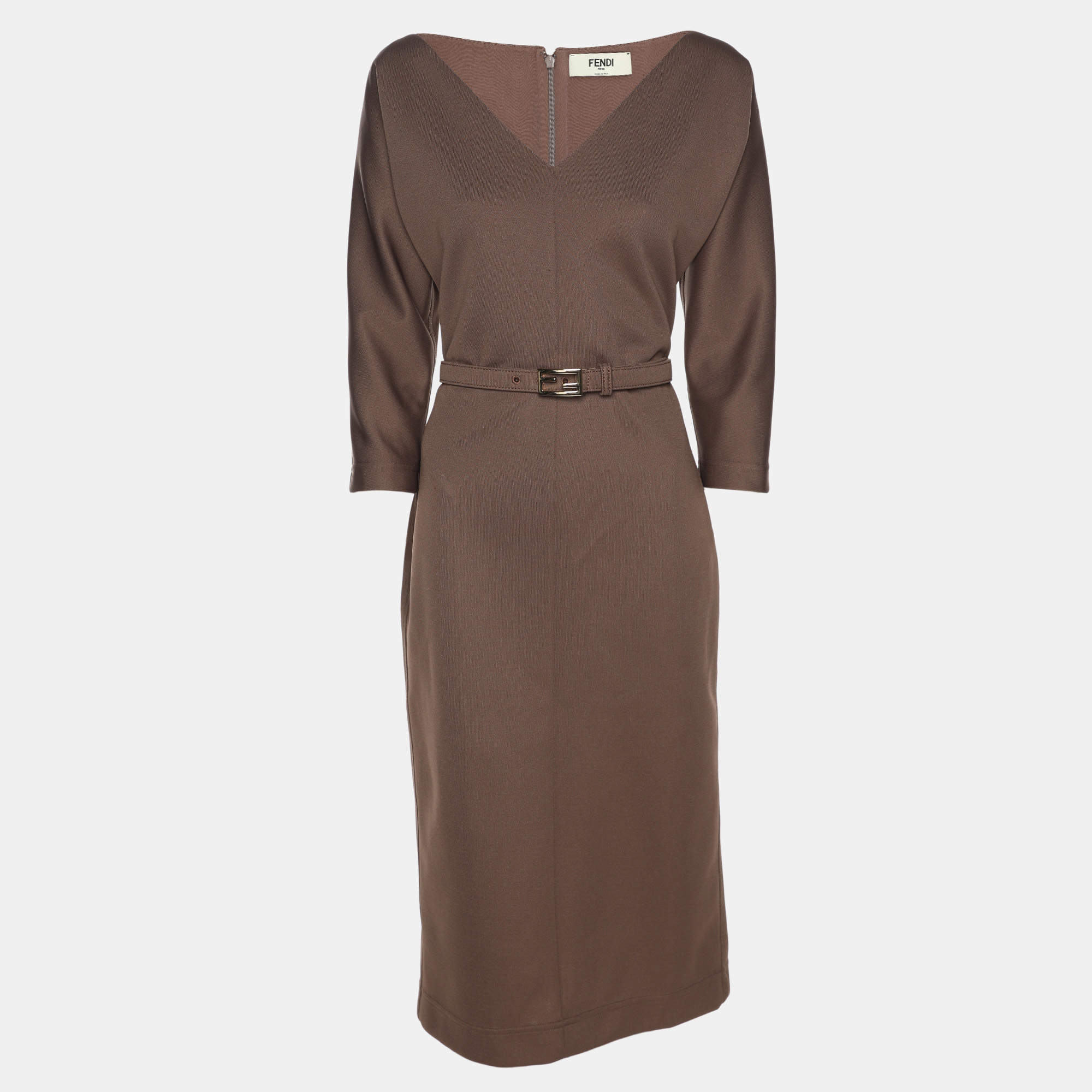 مملوكة مسبقًا Fendi Taupe Jersey Long Sleeve Midi Dress M