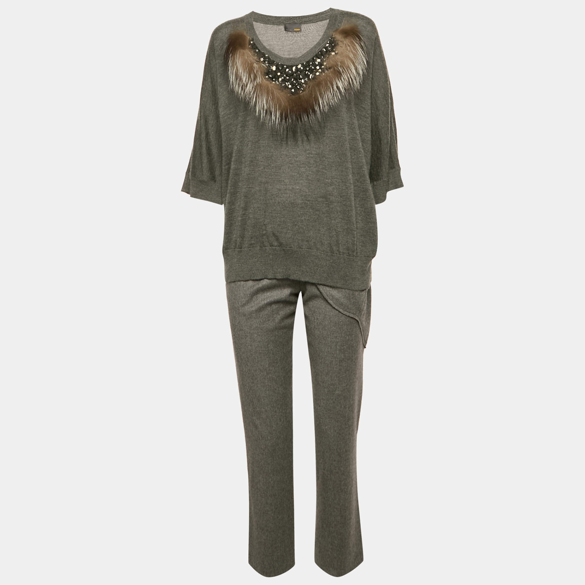 Fendi Grey Fur Trim Cashmere and Wool Knit Top and Pants Set S 