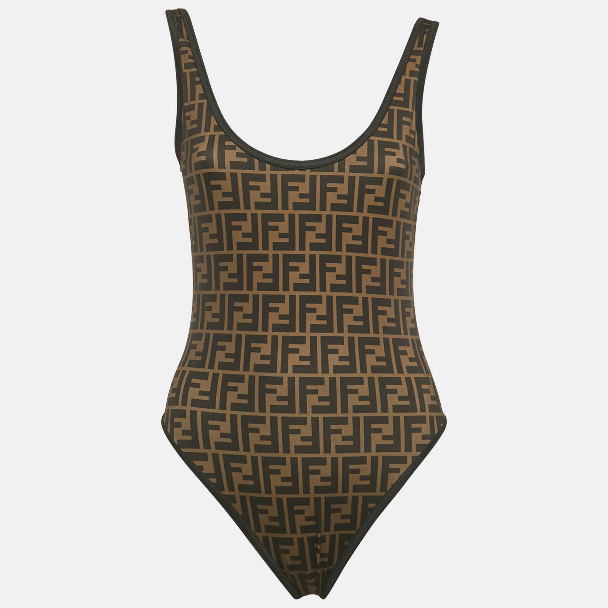 Pre Owned Fendi Brown Zucca Monogram Technical Reversible Swimsuit M