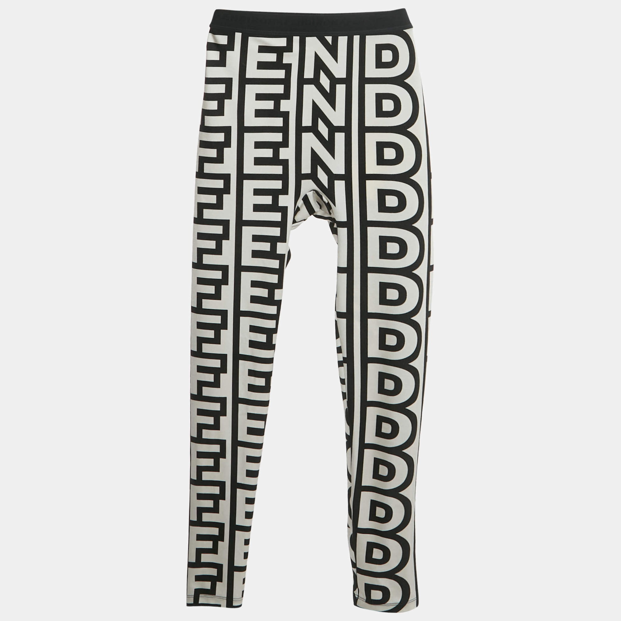 Pre Owned Fendi Black Logo Print Crepe Leggings XS