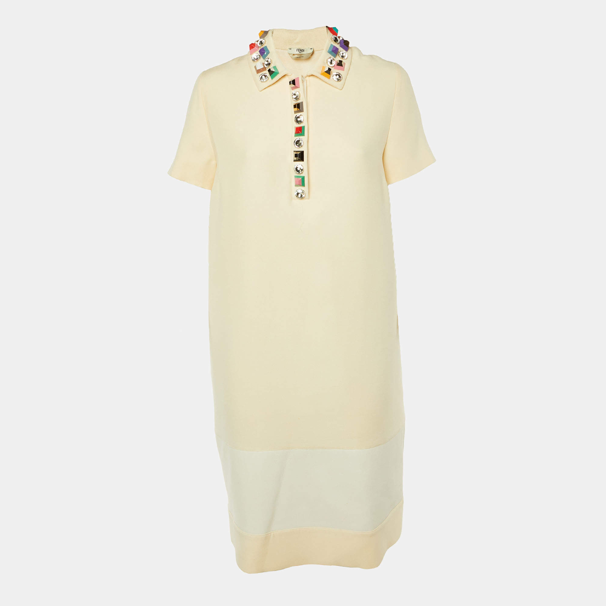 Pre Owned Fendi Cream Wool & Leather Embellished Cocktail Dress M