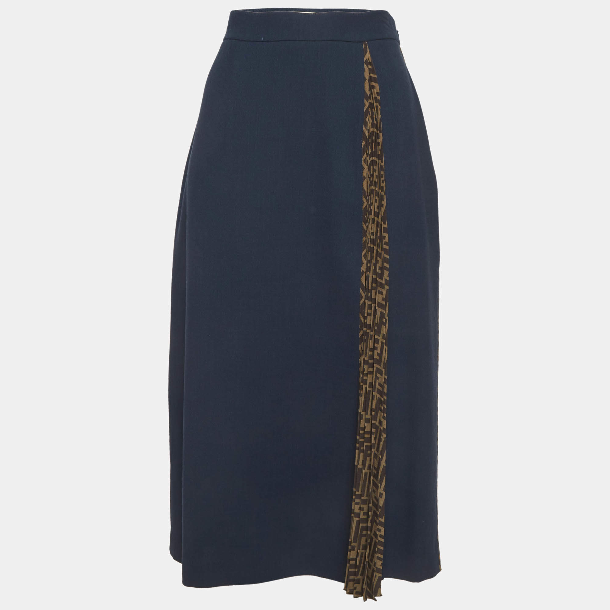 Pre Owned Fendi Navy Blue Wool & Brown Zucca Monogram Plisse Silk Midi Skirt M