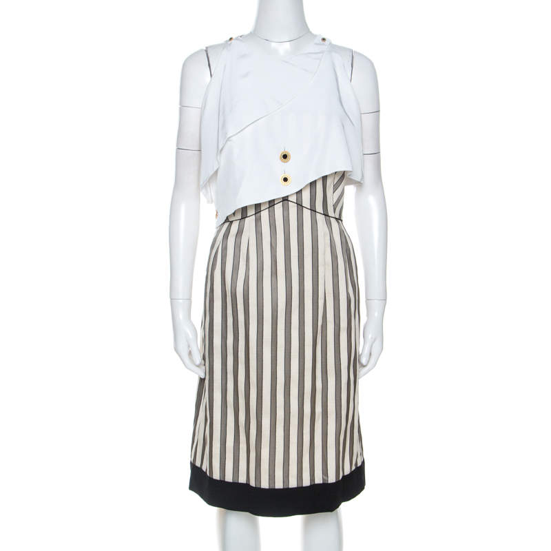 Fendi Cream Striped Silk Blend Cape Detail Dress M