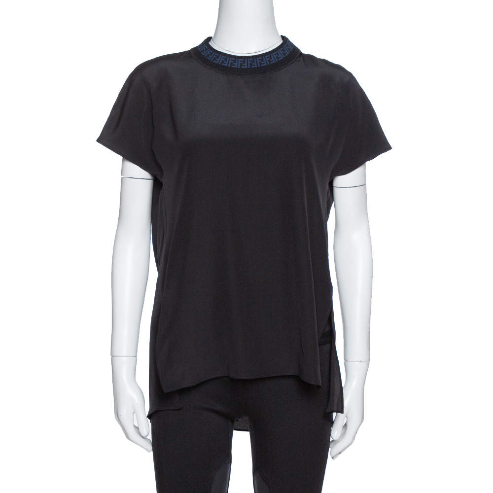 Pre Owned Fendi Black Silk Ribbed Logo Neck Trim Detail Top M