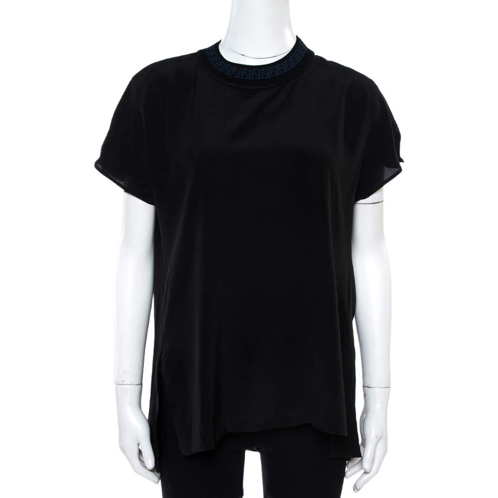 Pre Owned Fendi Black Silk Ribbed Logo Neck Trim Detail Top M