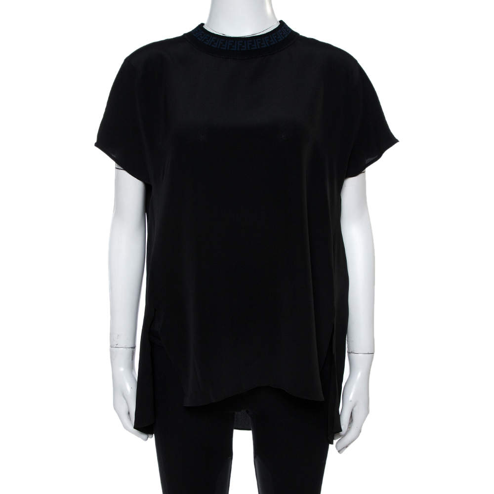 Pre Owned Fendi Black Silk Ribbed Logo Neck Trim Detail Top M