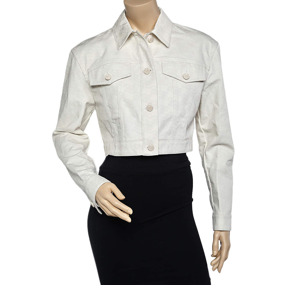 Pre Owned Fendi Cream FF Karligraphy Motif Cropped Denim Jacket M