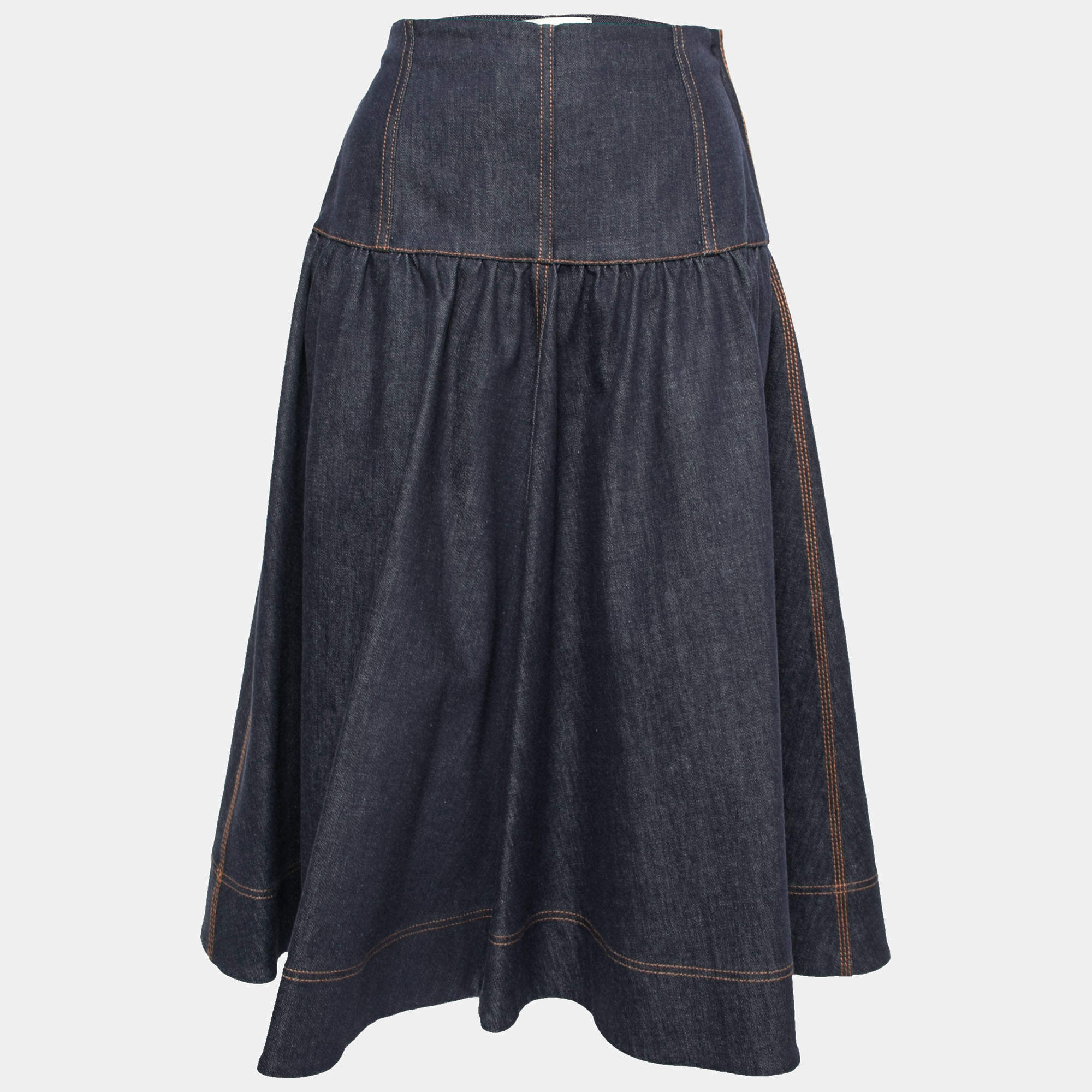 مملوكة مسبقًا Fendi Blue Denim Palm Logo Embroidered A-Line Midi Skirt S