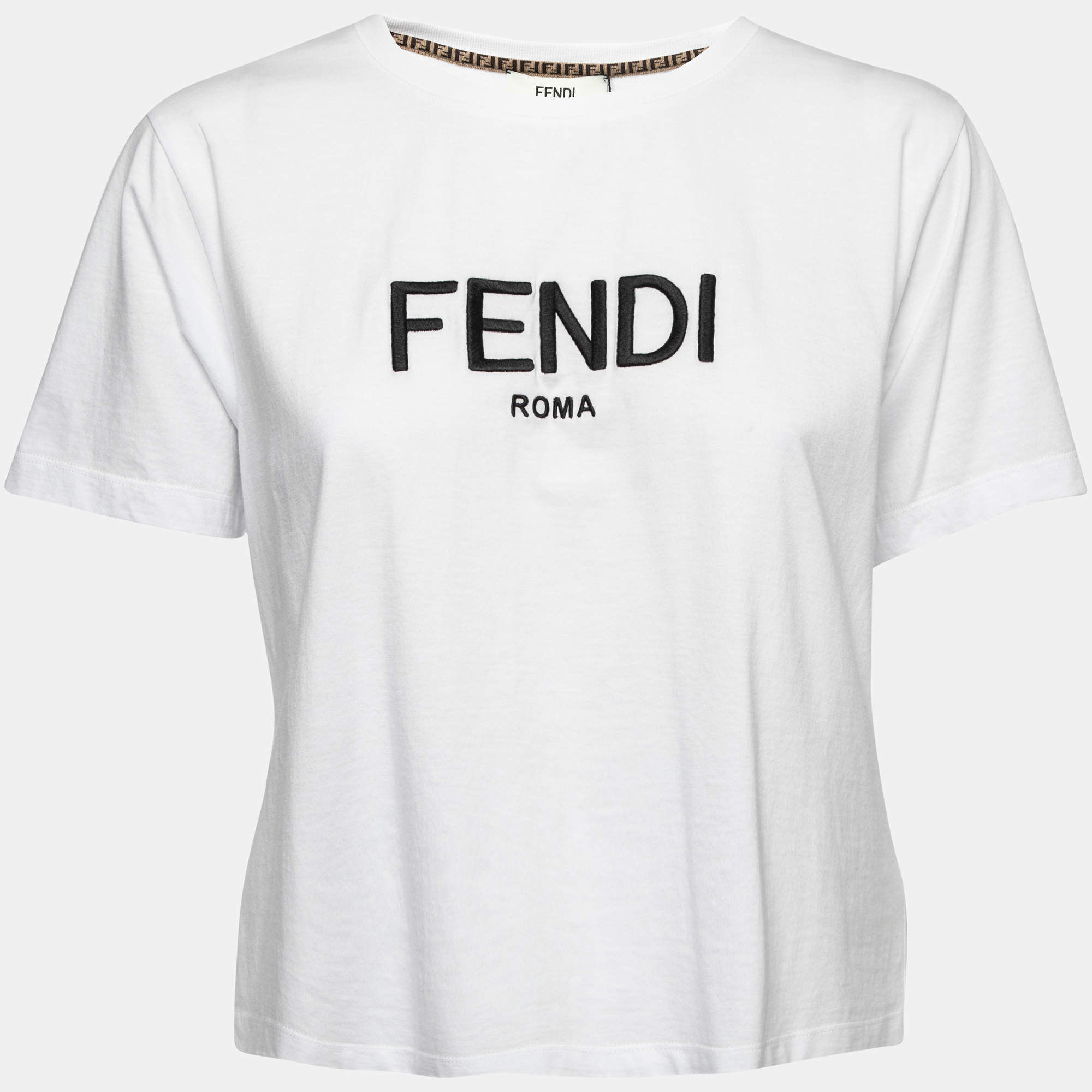 Fendi White Logo Embroidered Cotton T-Shirt L Fendi | TLC