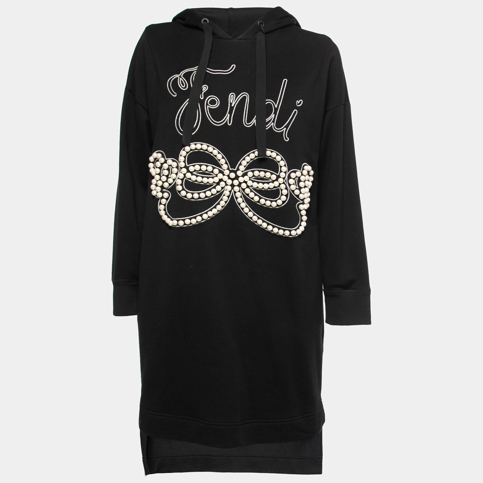 Pre Owned Fendi Black Cotton Logo Embroidered Pearl Long Hoodie S