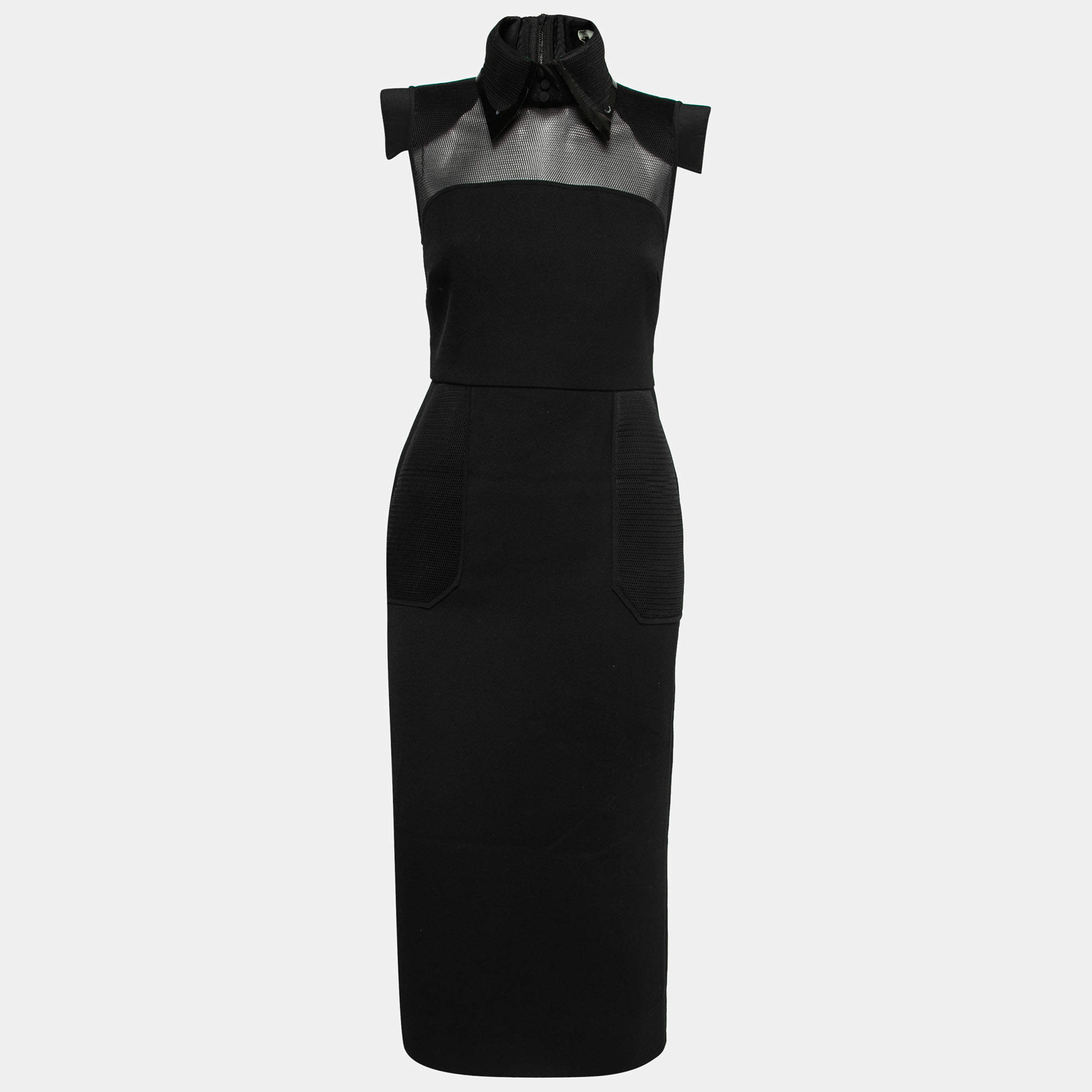 Pre Owned Fendi Black Wool & Mesh Insert Collared Midi Dress S