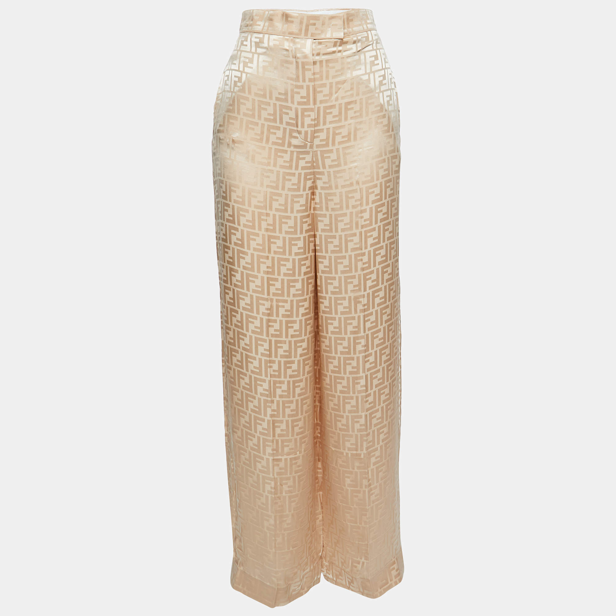 مملوكة مسبقًا Fendi Beige FF Jacquard Satin Trousers XS