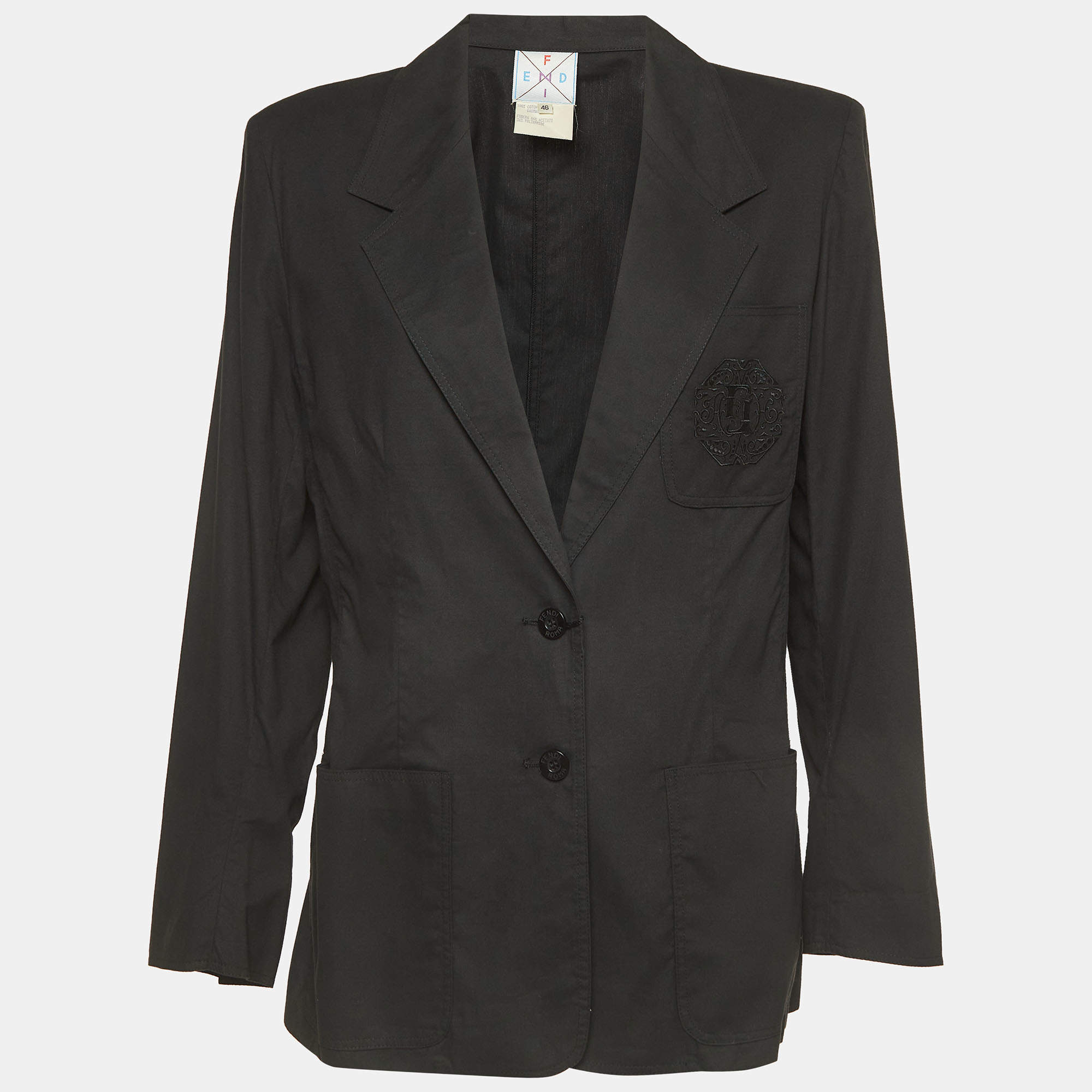 Pre Owned Fendi Vintage Black Logo Embroidered Cotton Single Breasted Blazer L