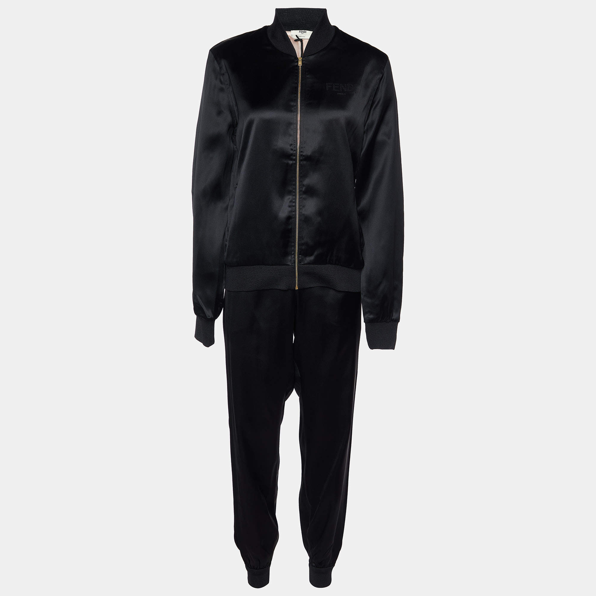 Fendi Black Satin Logo Embroidered Track Suit M