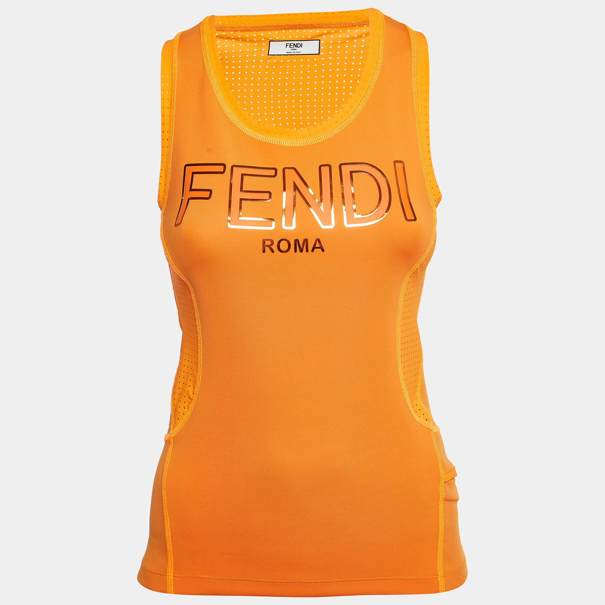Pre Owned Fendi Orange Logo-Print Nylon Performance Tank Top S