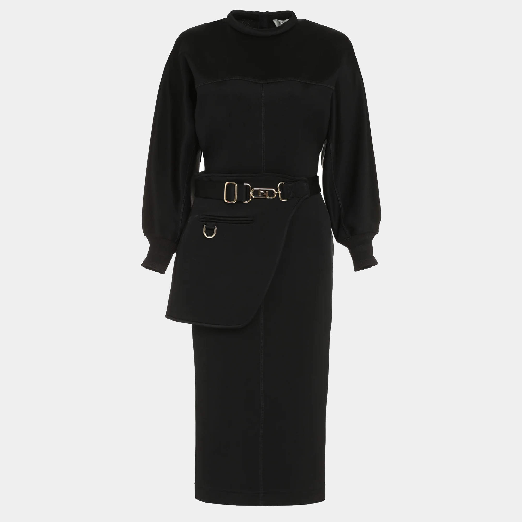 مملوكة مسبقًا Fendi Black Jersey O'Lock Belted Midi Dress S
