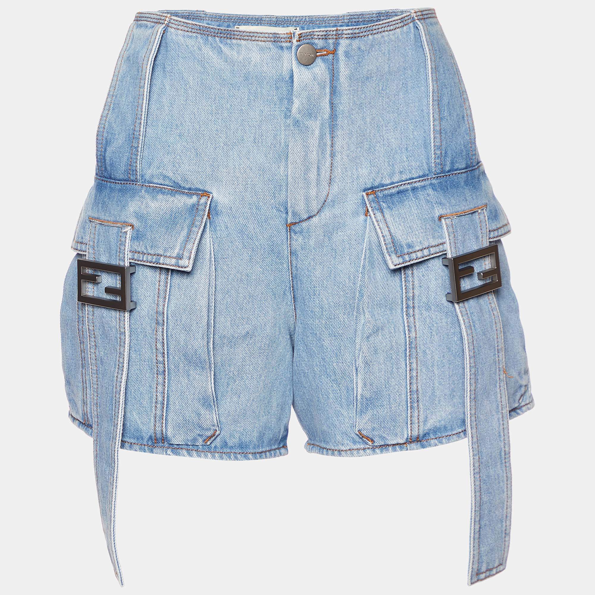 Pre Owned Fendi Blue Denim FF Baguette Cargo Shorts S