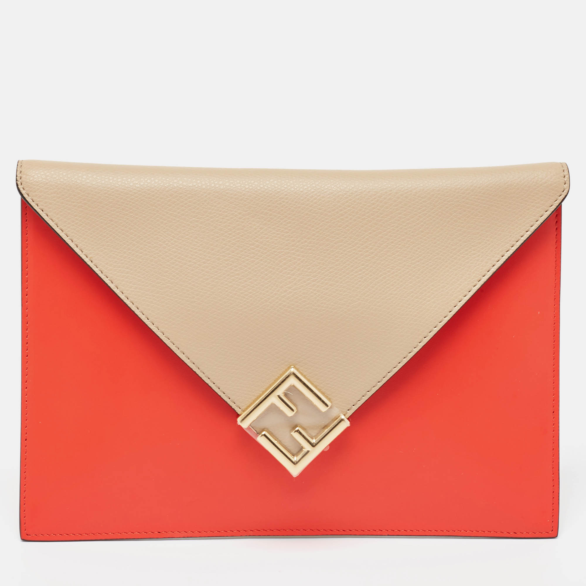 Fendi Beige/Red Leather FF Diamond Flat Pouch 
