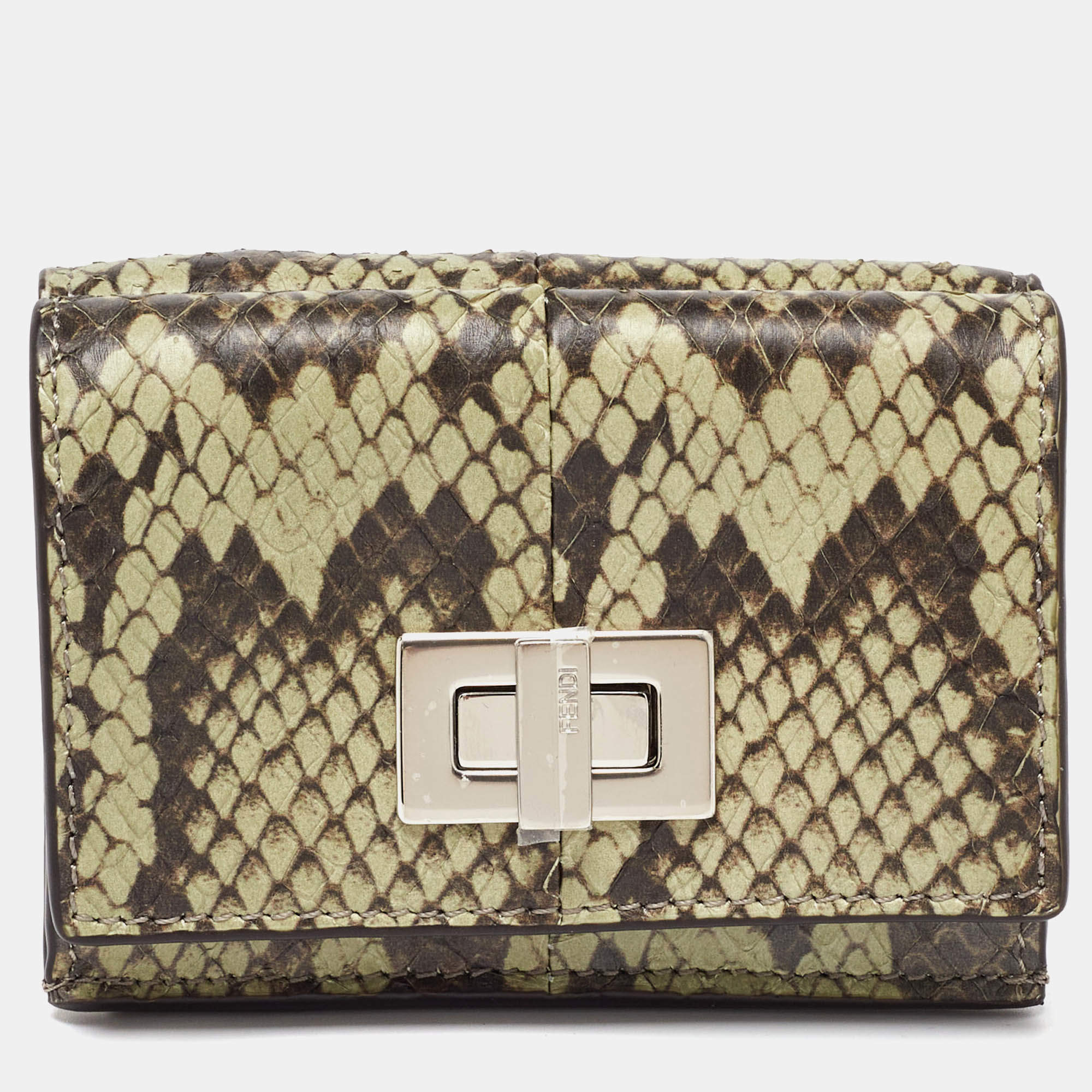 Pre Owned Fendi Green/Brown Elaphe Trifold Wallet