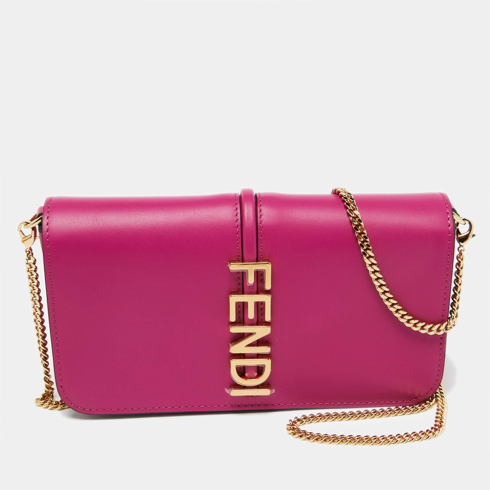 Pre Owned Fendi Pink Leather Fendigraphy Wallet on Chain