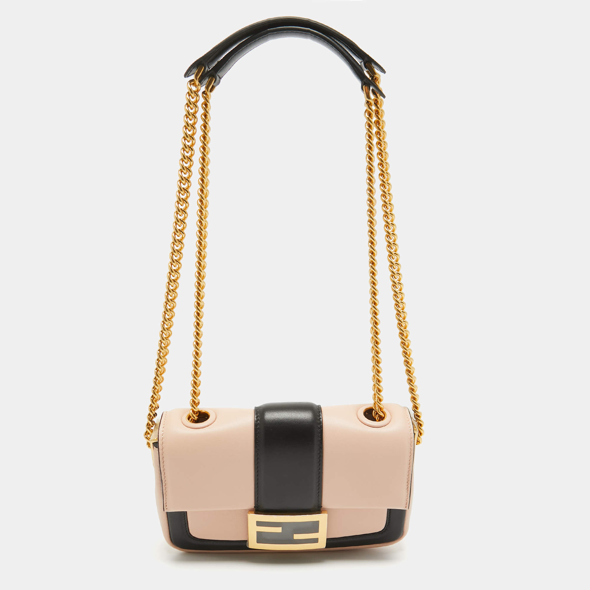 Fendi Pink/Black Leather Mini Baguette Chain Bag