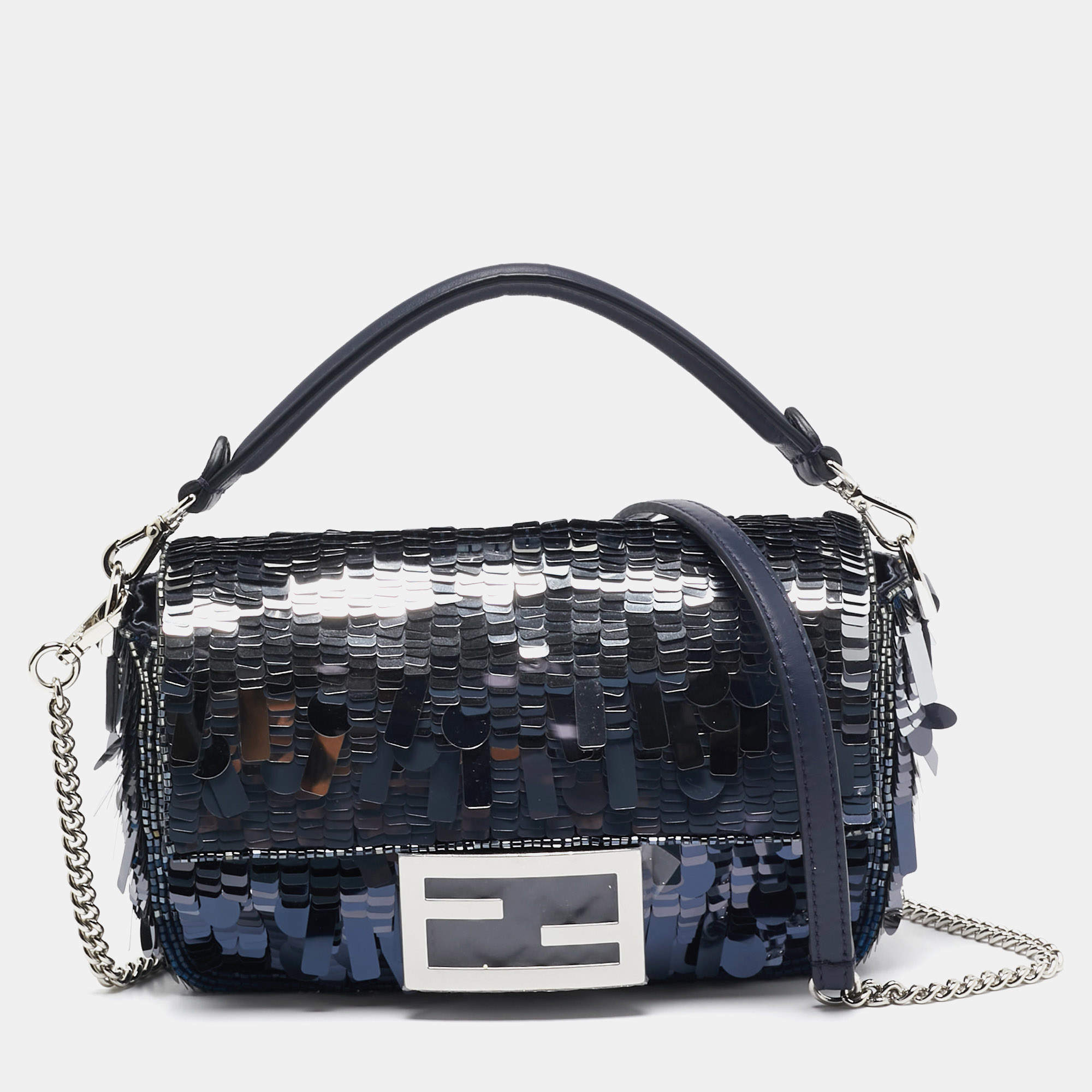 Fendi Navy Blue Sequins and Beads Mini Baguette Chain Bag