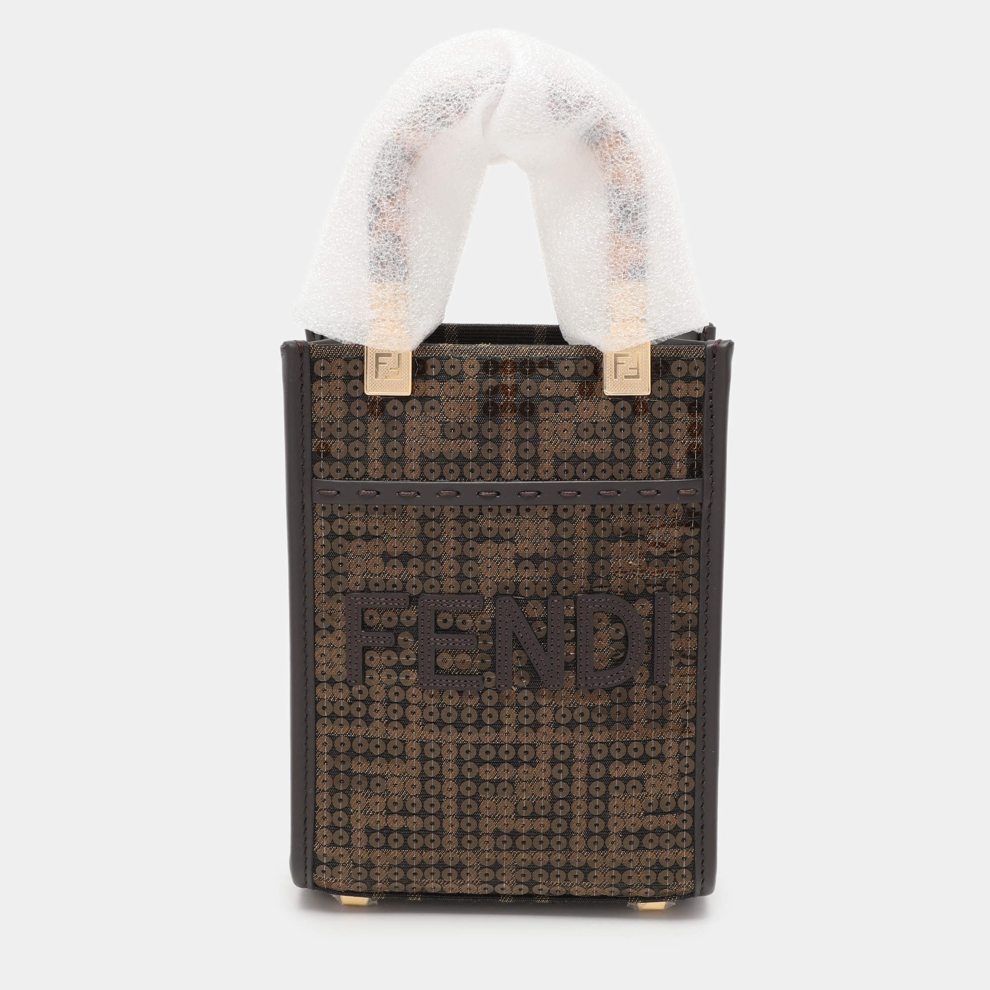 Pre Owned Fendi Brown Sequins Canvas and Leather Mini Sunshine Tote