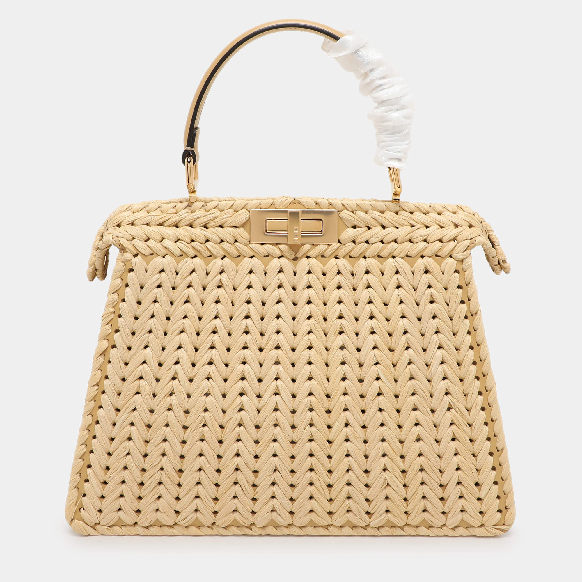Fendi Beige Woven Leather and Straw Peekaboo Medium Iseeu Top Handle Bag