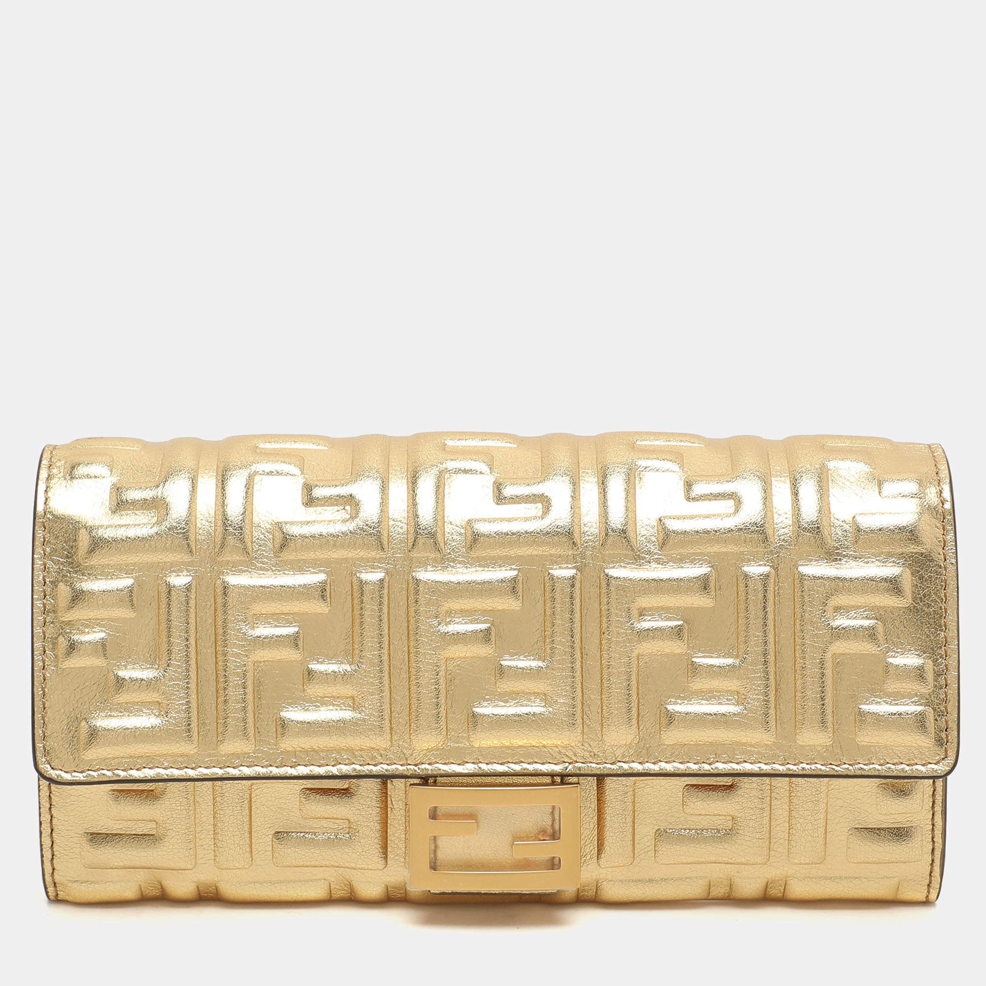 Pre Owned Fendi Gold Zucca Embossed Leather FF Flap Continental Wallet