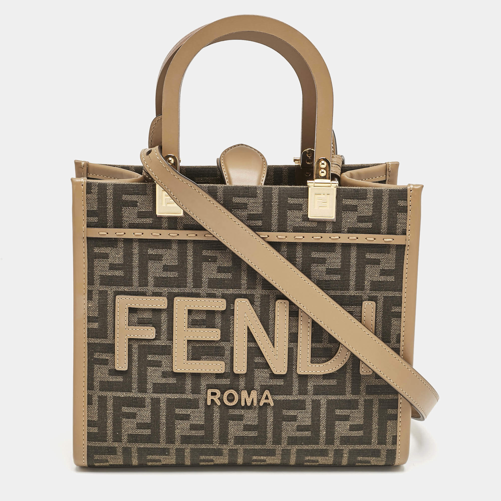 Fendi Brown FF Jacquard Fabric Small Sunshine Tote