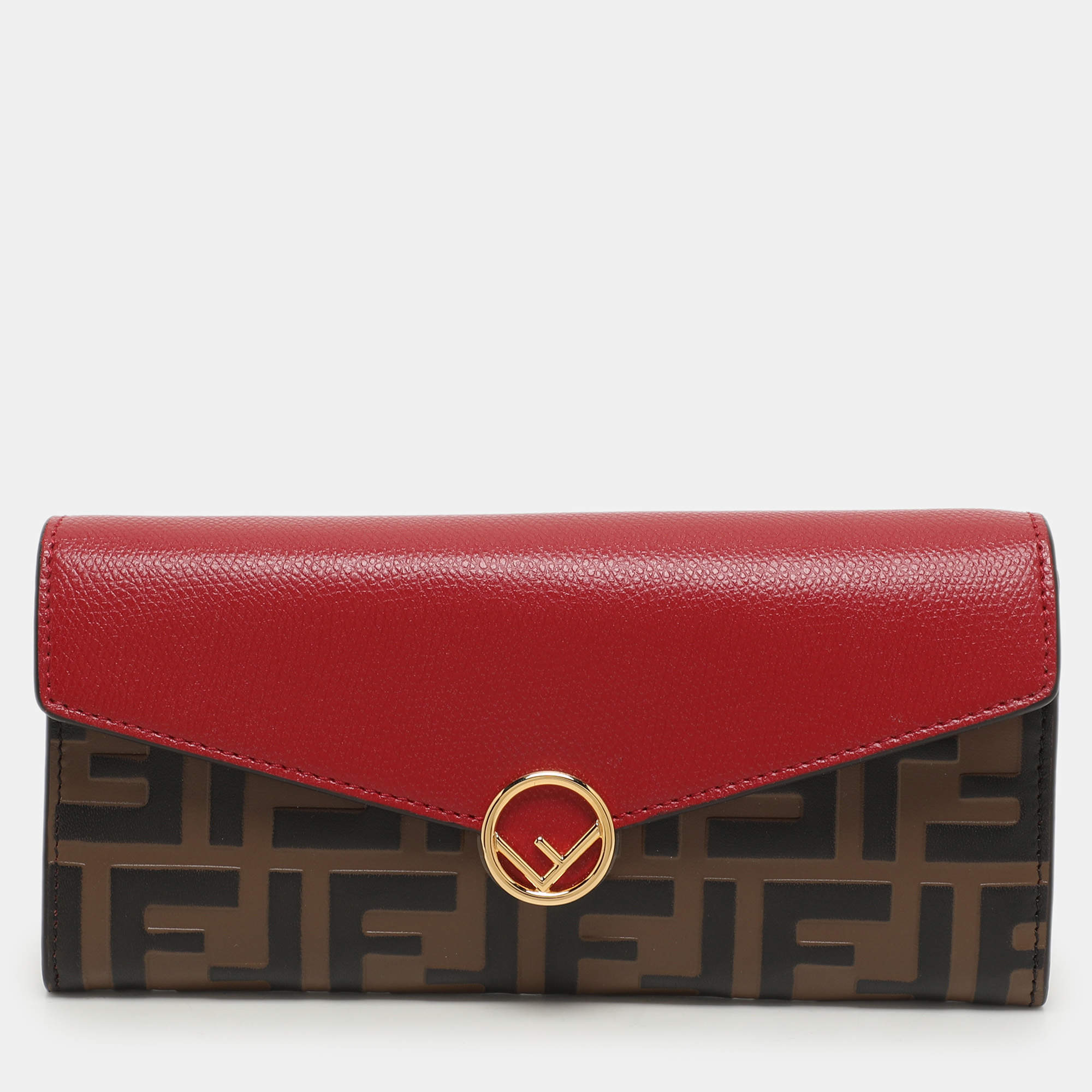 Fendi Red/Brown Zucca Leather F is Fendi Continental Wallet