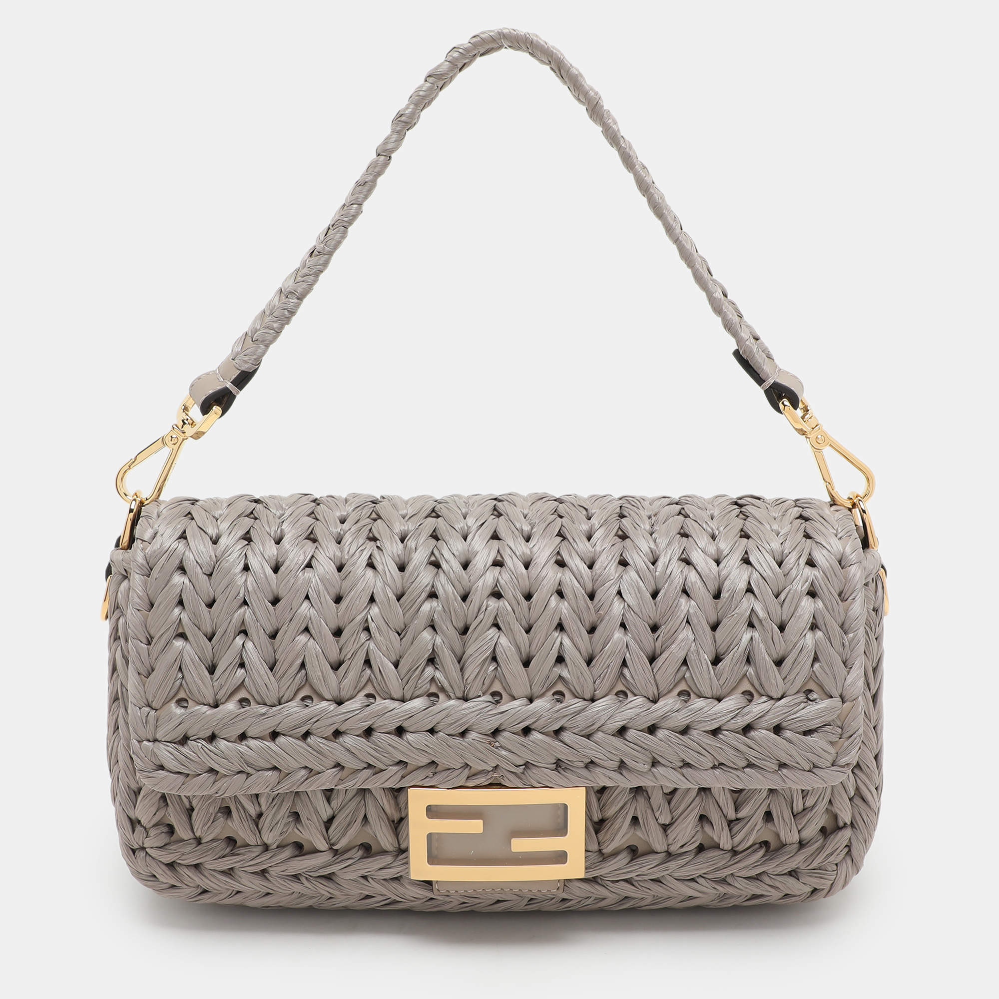 Fendi Grey Raffia and Leather Baguette Bag