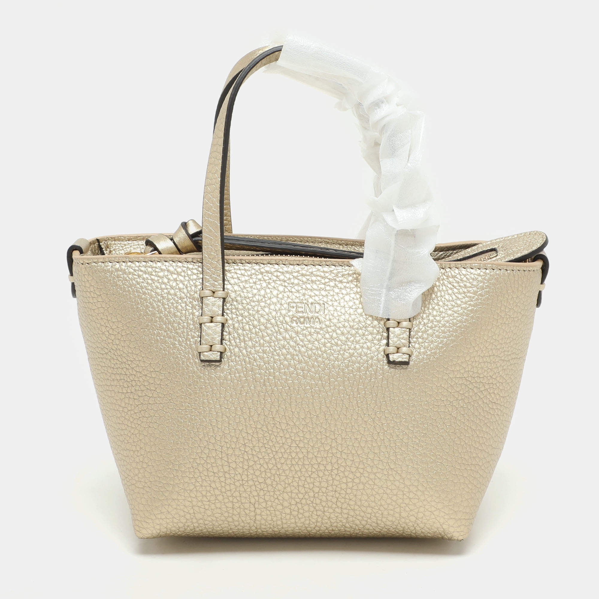 Fendi Gold Leather Selleria Mini Roll Tote