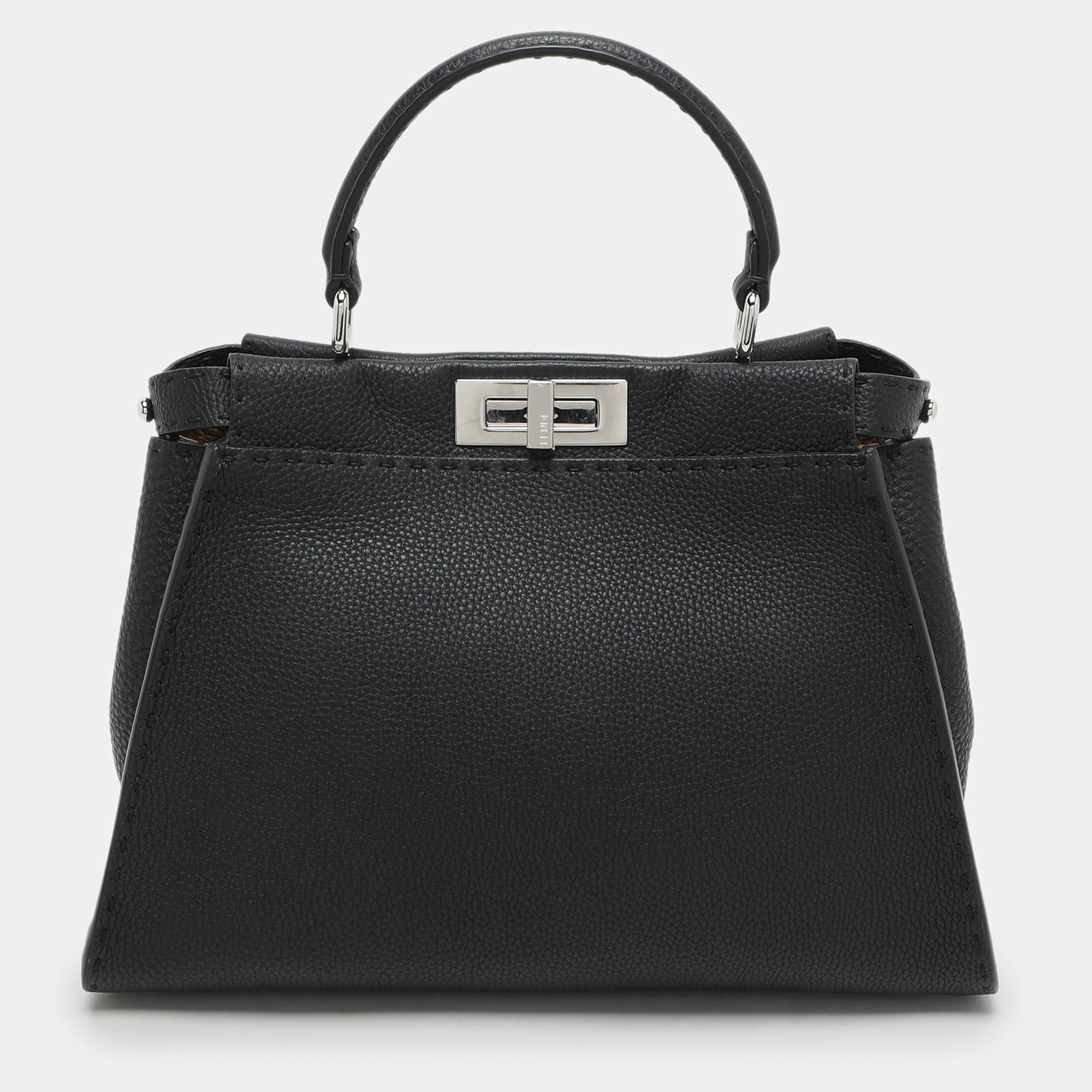 Pre Owned Fendi Black Selleria Leather Medium Peekaboo Top Handle Bag