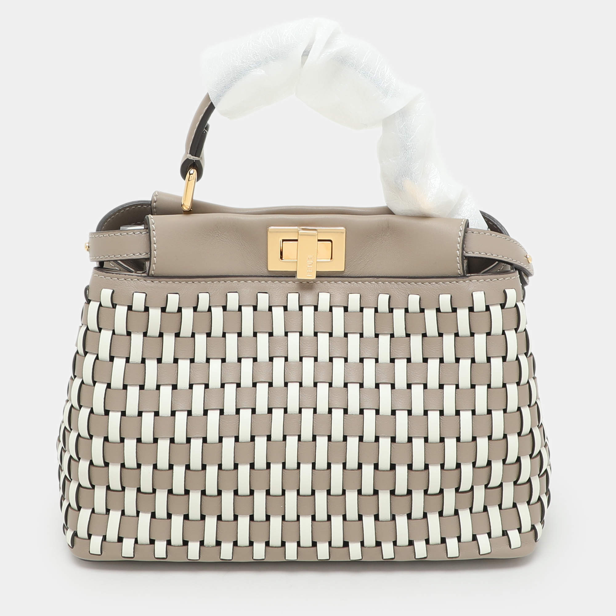 Fendi Toupe/White Woven Leather Mini Peekaboo Top Handle Bag