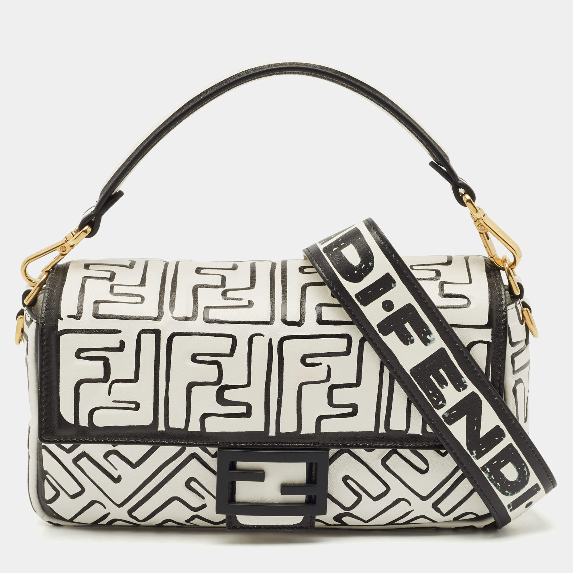 Pre Owned حقيبة باغيت شمس كالي فورنيا متوسطة جلد أبيض/أسود فيديسا بواسطة فندي