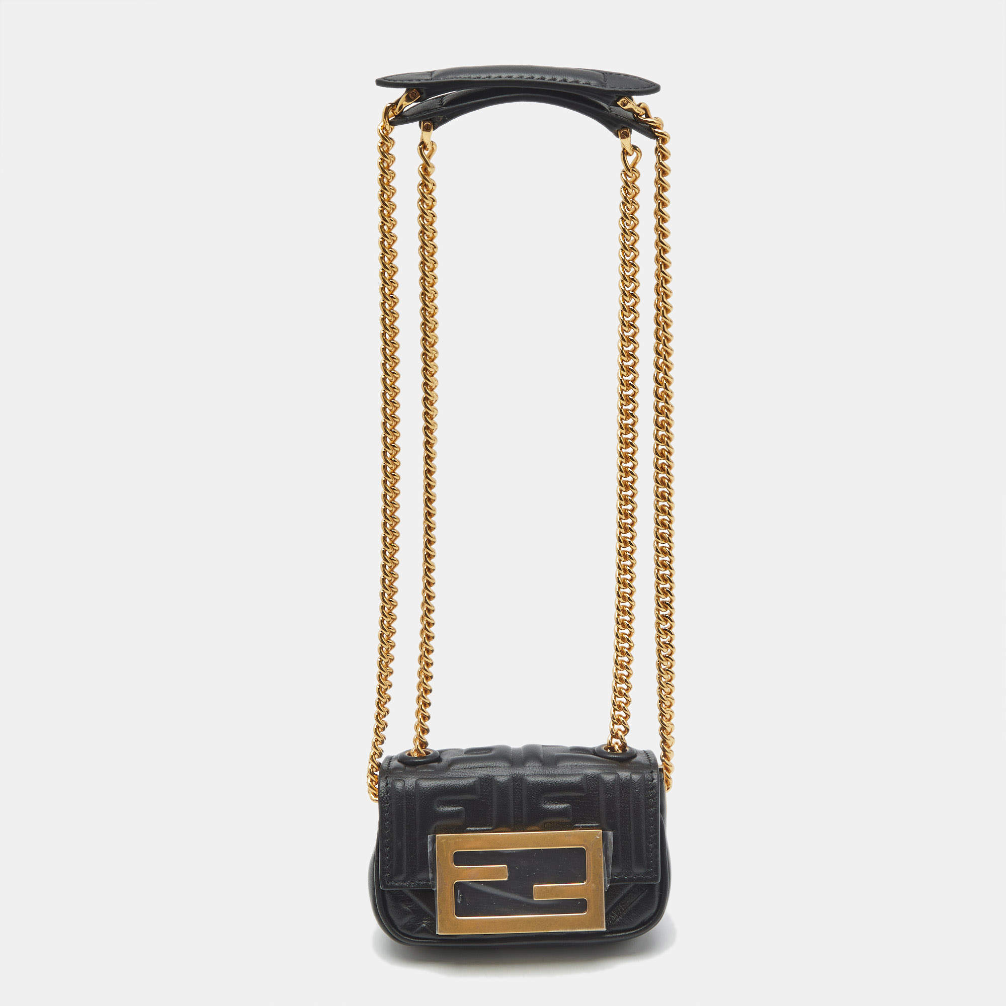 Pre Owned Fendi Black FF Embossed Leather Nano Baguette Crossbody Bag