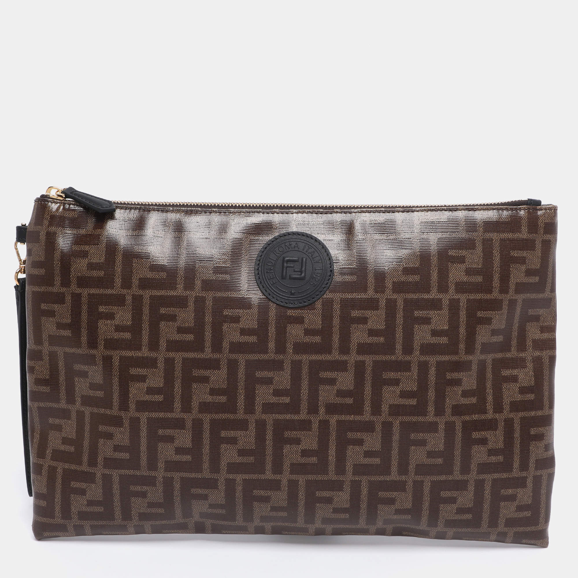 Pre Owned Fendi Brown Coated Canvas FFreedom Flat Pouch Bag